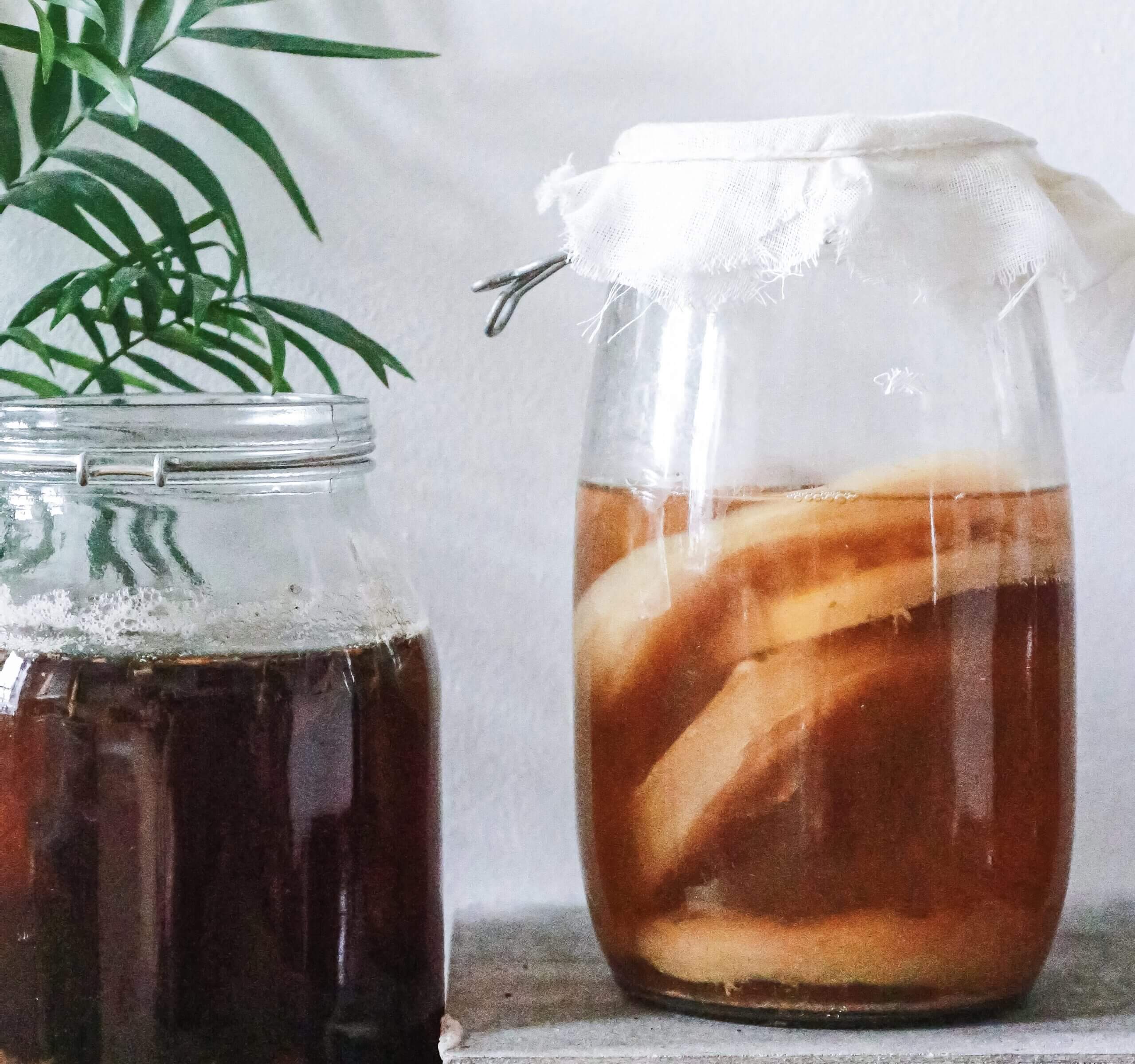 Homemade kombucha in jars